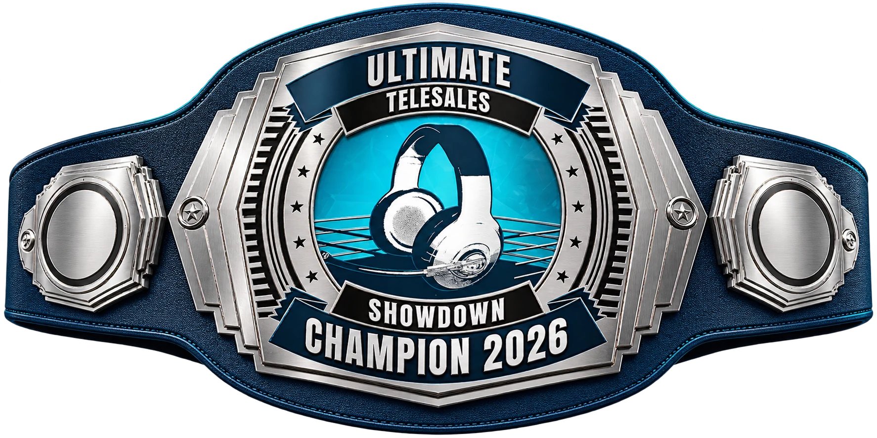 Ultimate Telesales Showdown Champion 2026 belt with silver plates, navy leather and a teal headset emblem